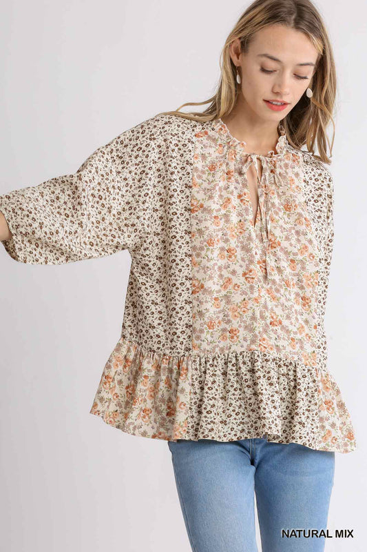 Floral Print Half Sleeve Top with Ruffle Hem