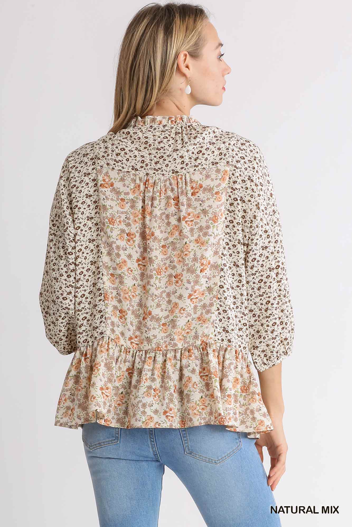 Floral Print Half Sleeve Top with Ruffle Hem