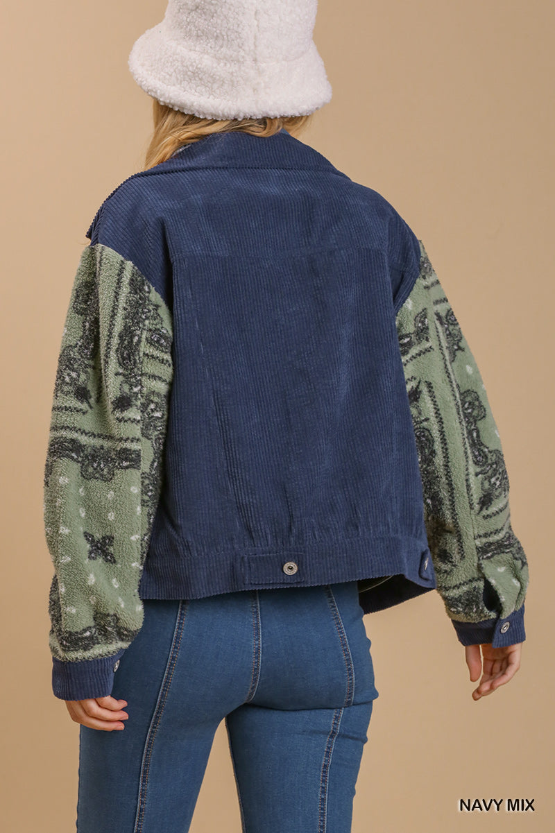 Ribbed Knit Jacket with Fleece Sleeves