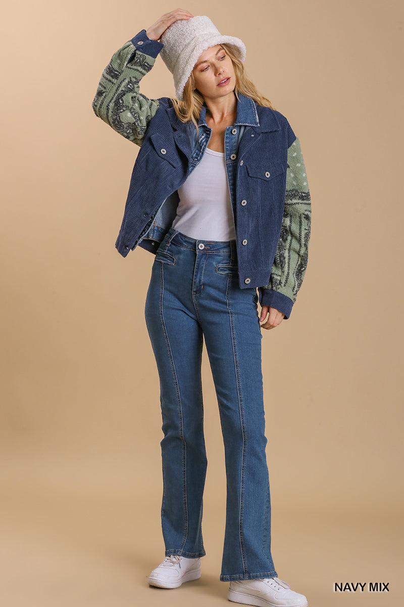 Ribbed Knit Jacket with Fleece Sleeves