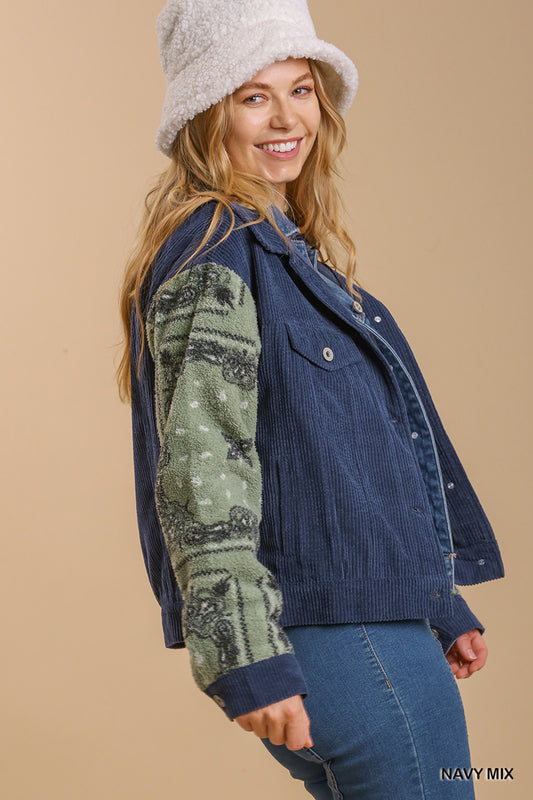 Ribbed Knit Jacket with Fleece Sleeves