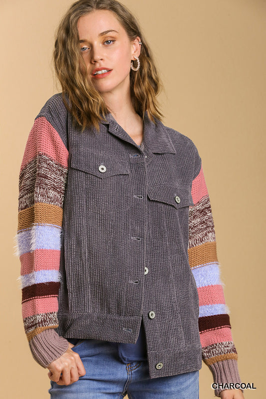 Corduroy Jacket with Striped Knit Sleeves