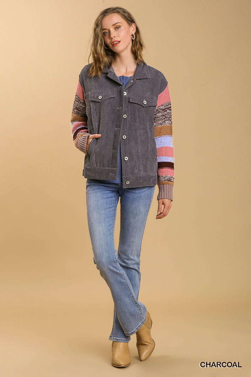 Corduroy Jacket with Striped Knit Sleeves