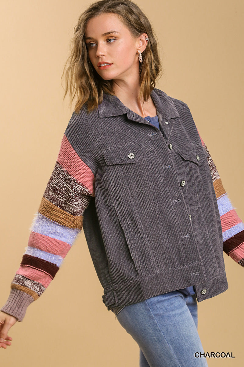 Corduroy Jacket with Striped Knit Sleeves