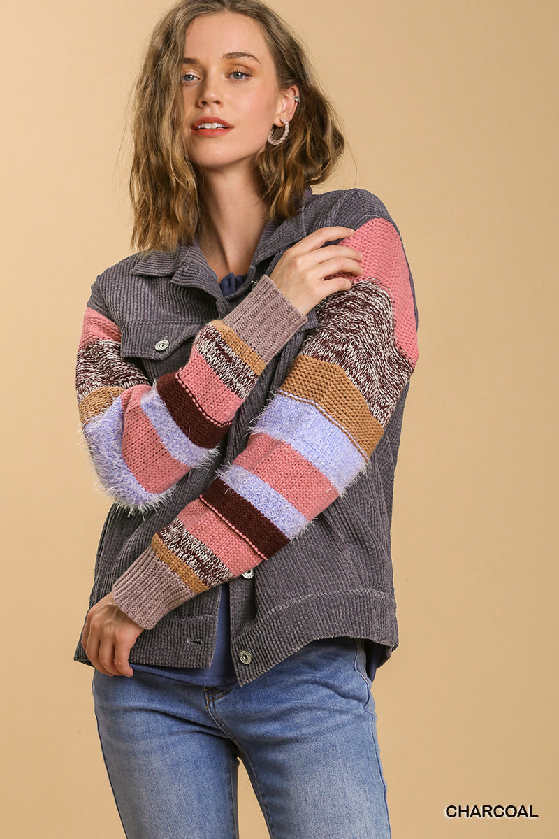 Corduroy Jacket with Striped Knit Sleeves