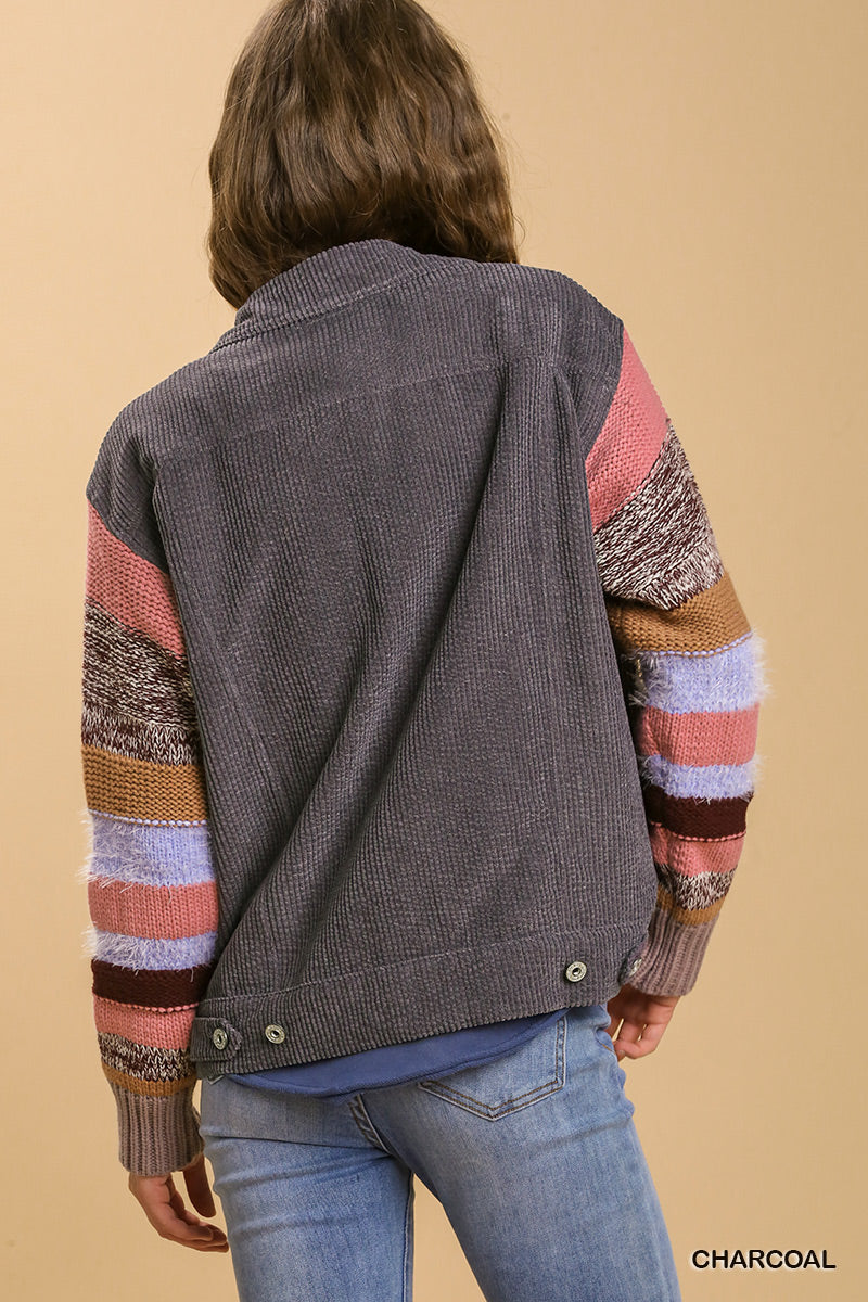 Corduroy Jacket with Striped Knit Sleeves