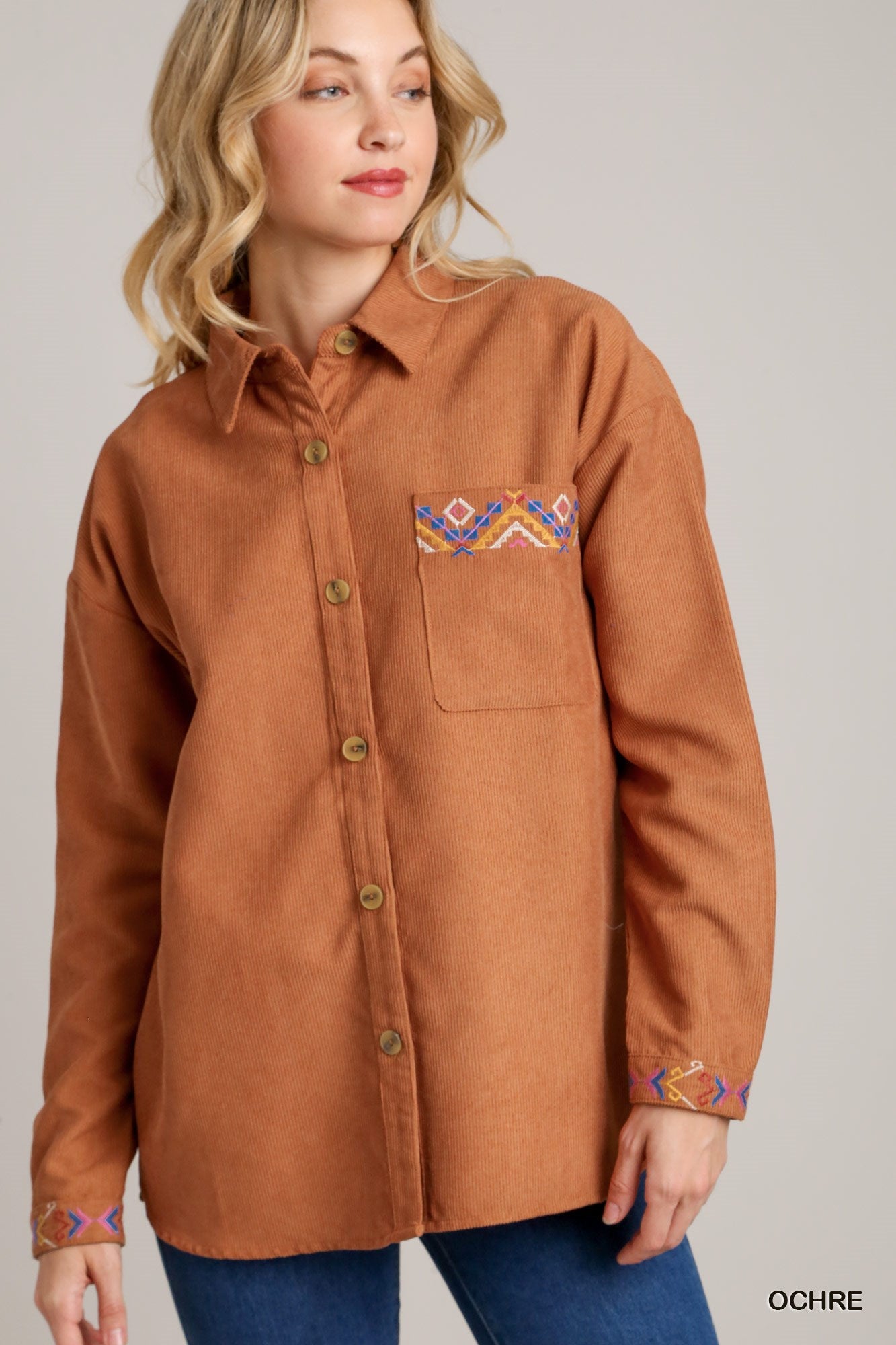 Corduroy Top with Embroidery Detail