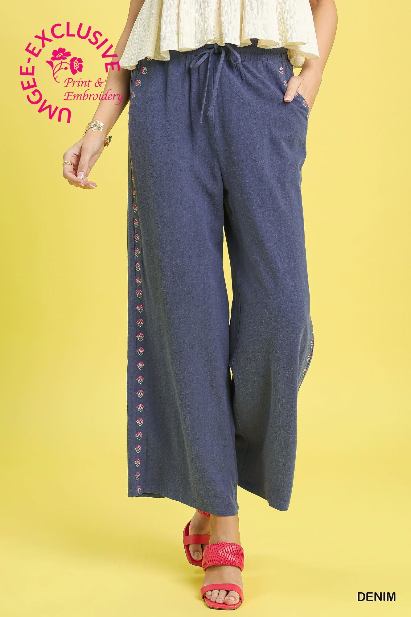 Linen Wide Leg Pants with Embroidered Trim
