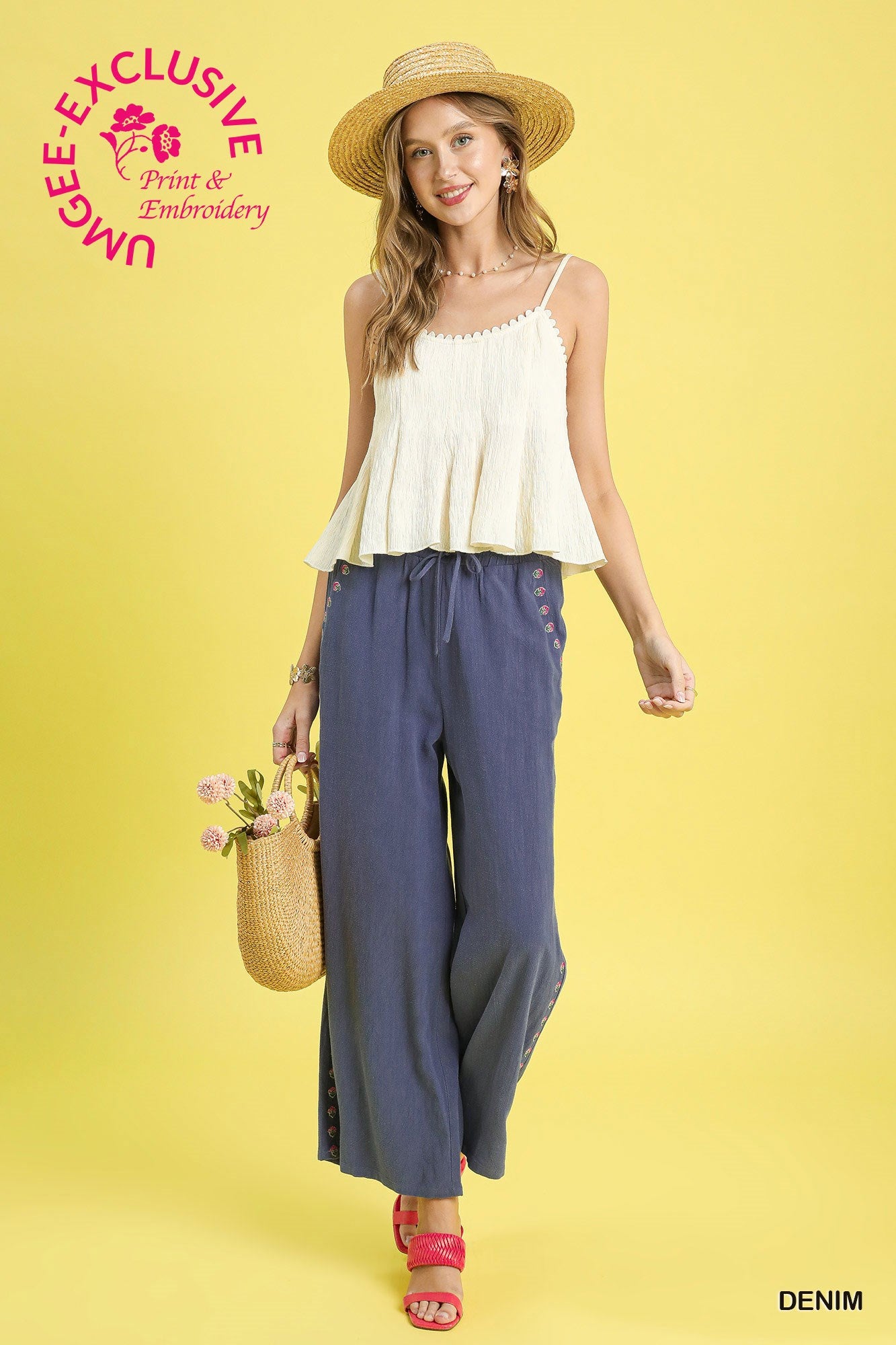 Linen Wide Leg Pants with Embroidered Trim