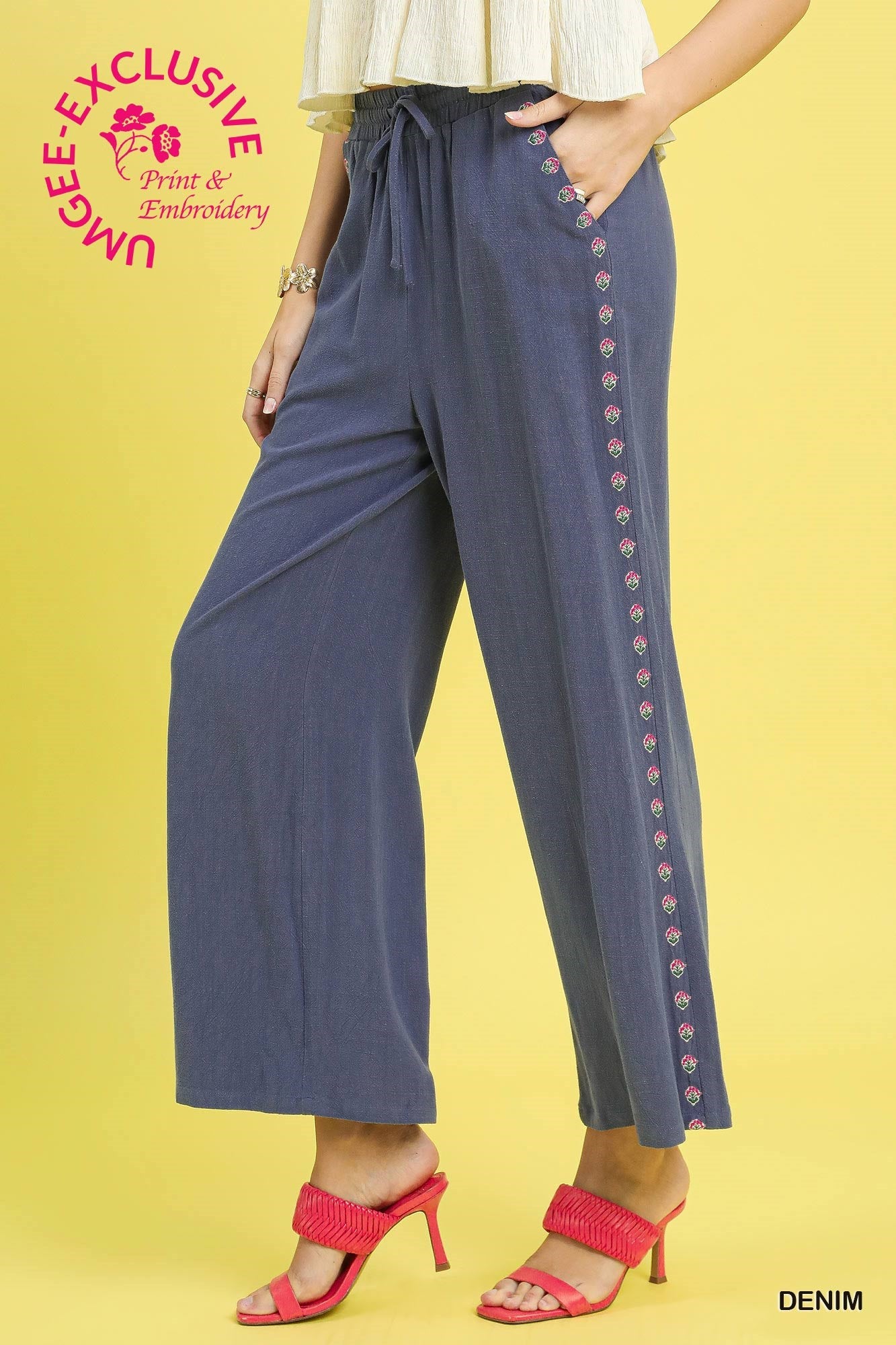 Linen Wide Leg Pants with Embroidered Trim