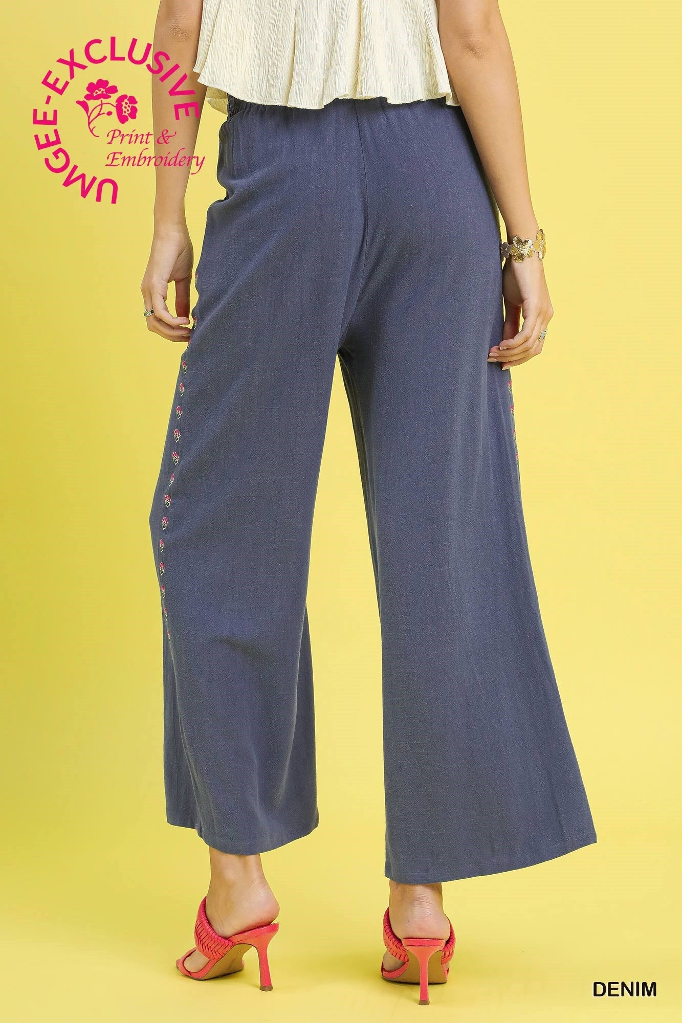Linen Wide Leg Pants with Embroidered Trim