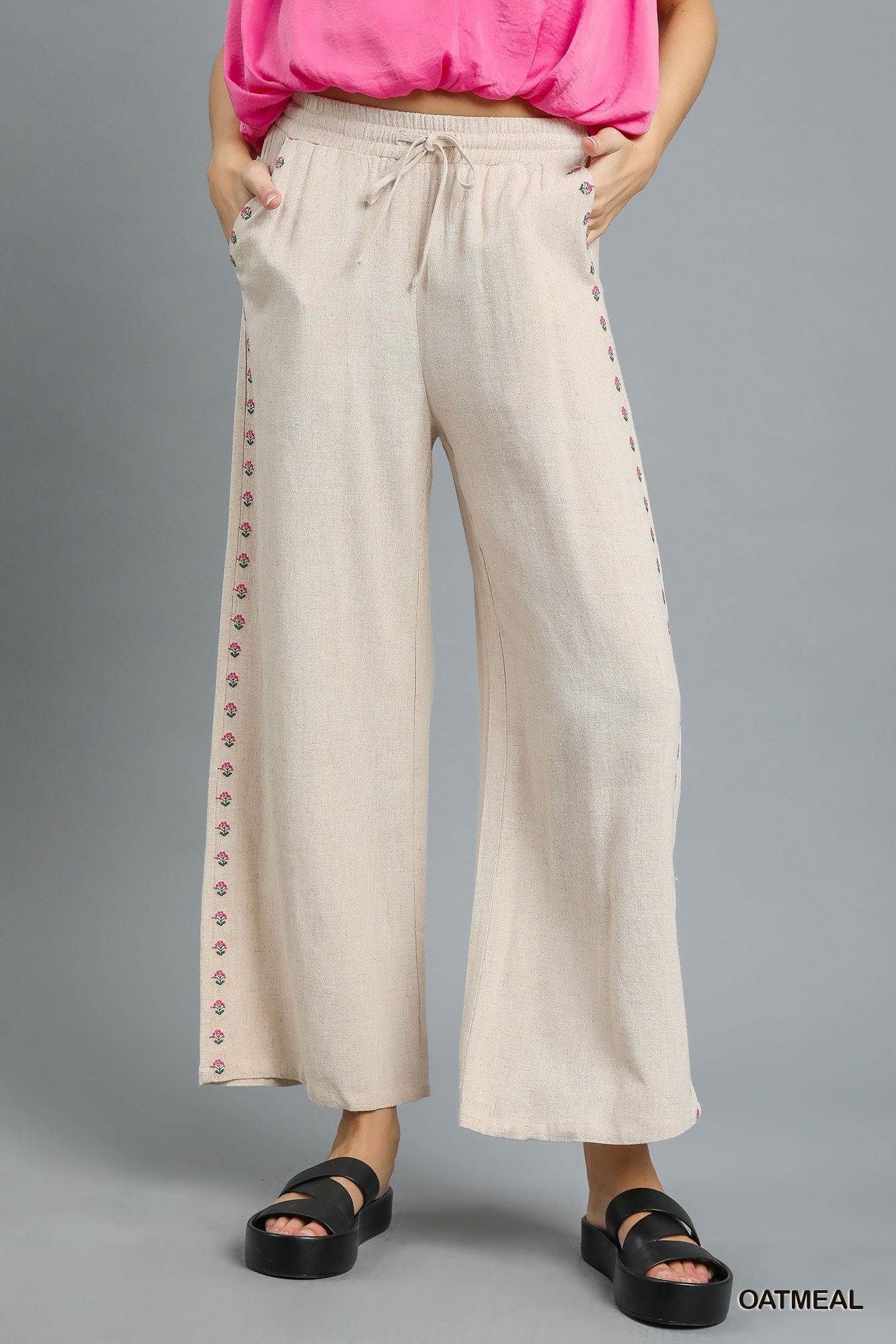 Linen Wide Leg Pants with Embroidered Trim