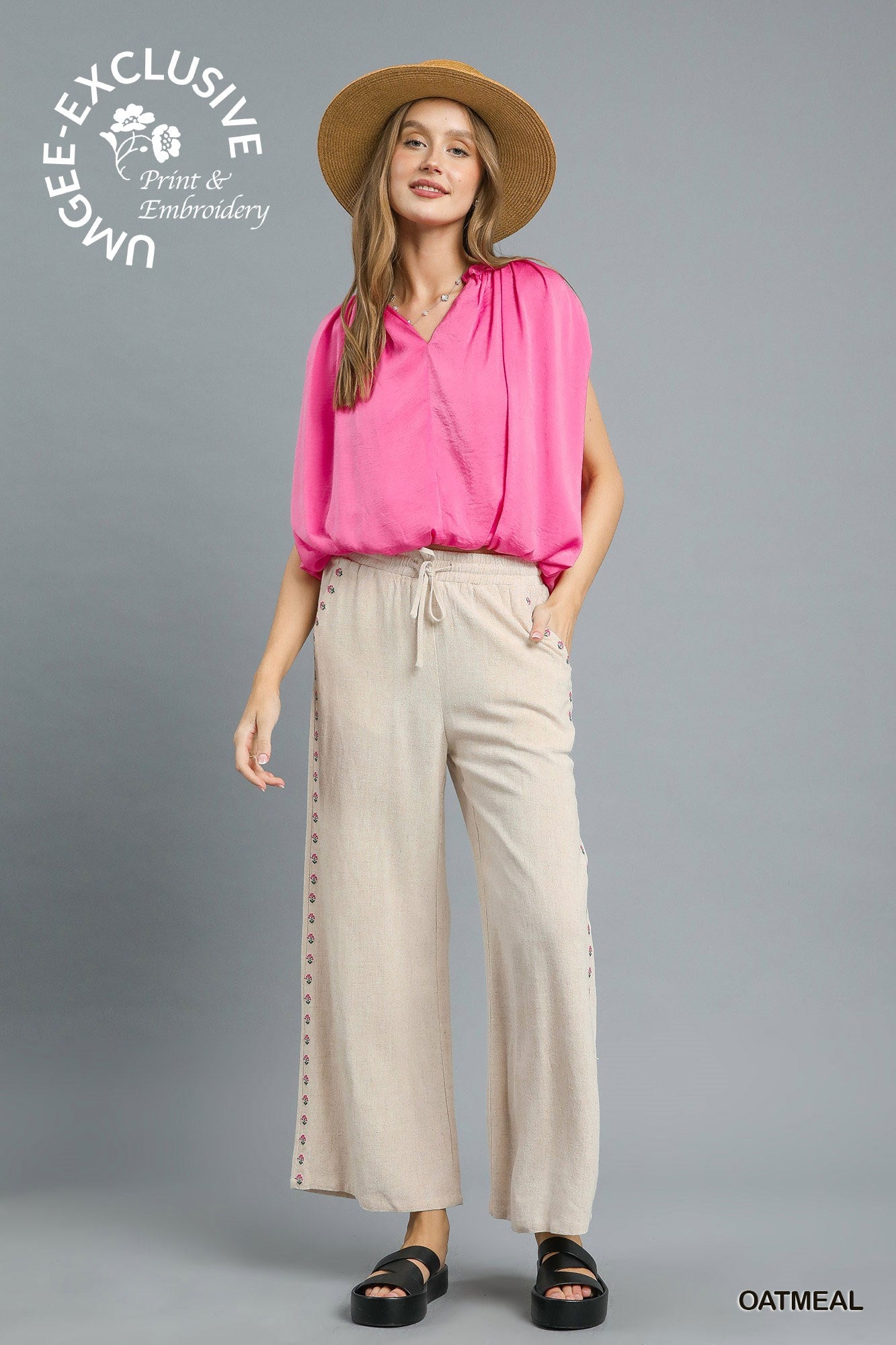 Linen Wide Leg Pants with Embroidered Trim