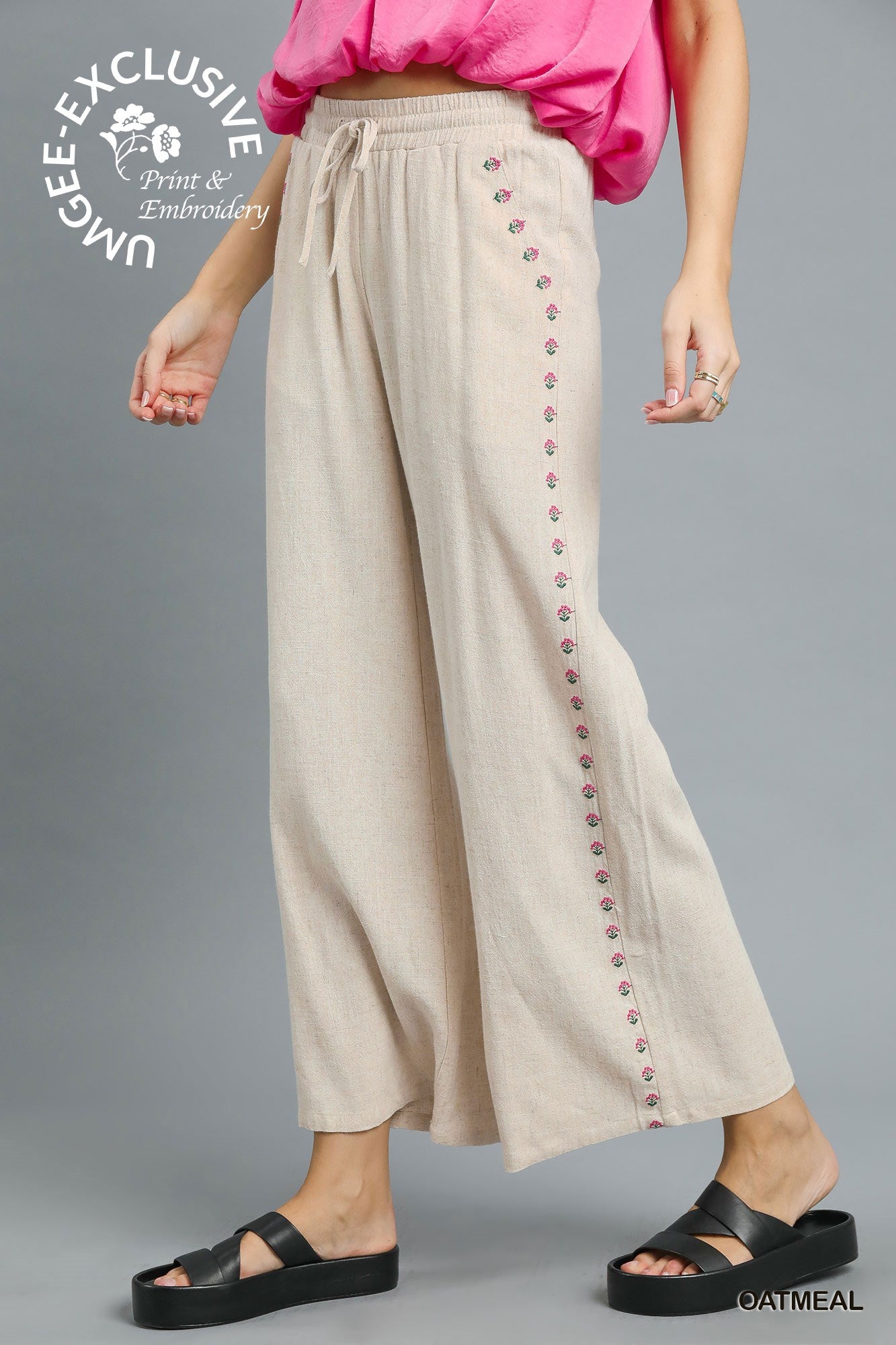 Linen Wide Leg Pants with Embroidered Trim