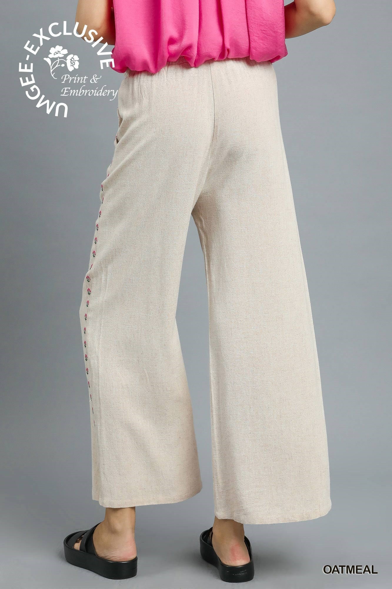 Linen Wide Leg Pants with Embroidered Trim