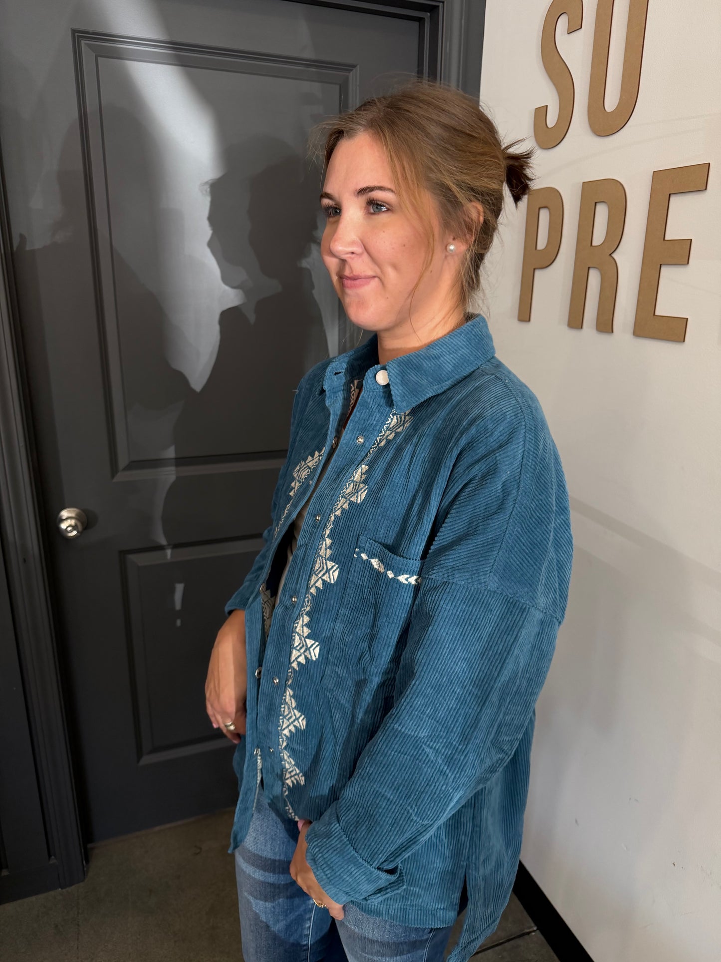 Blue Corduroy Embroidered Detail Jacket