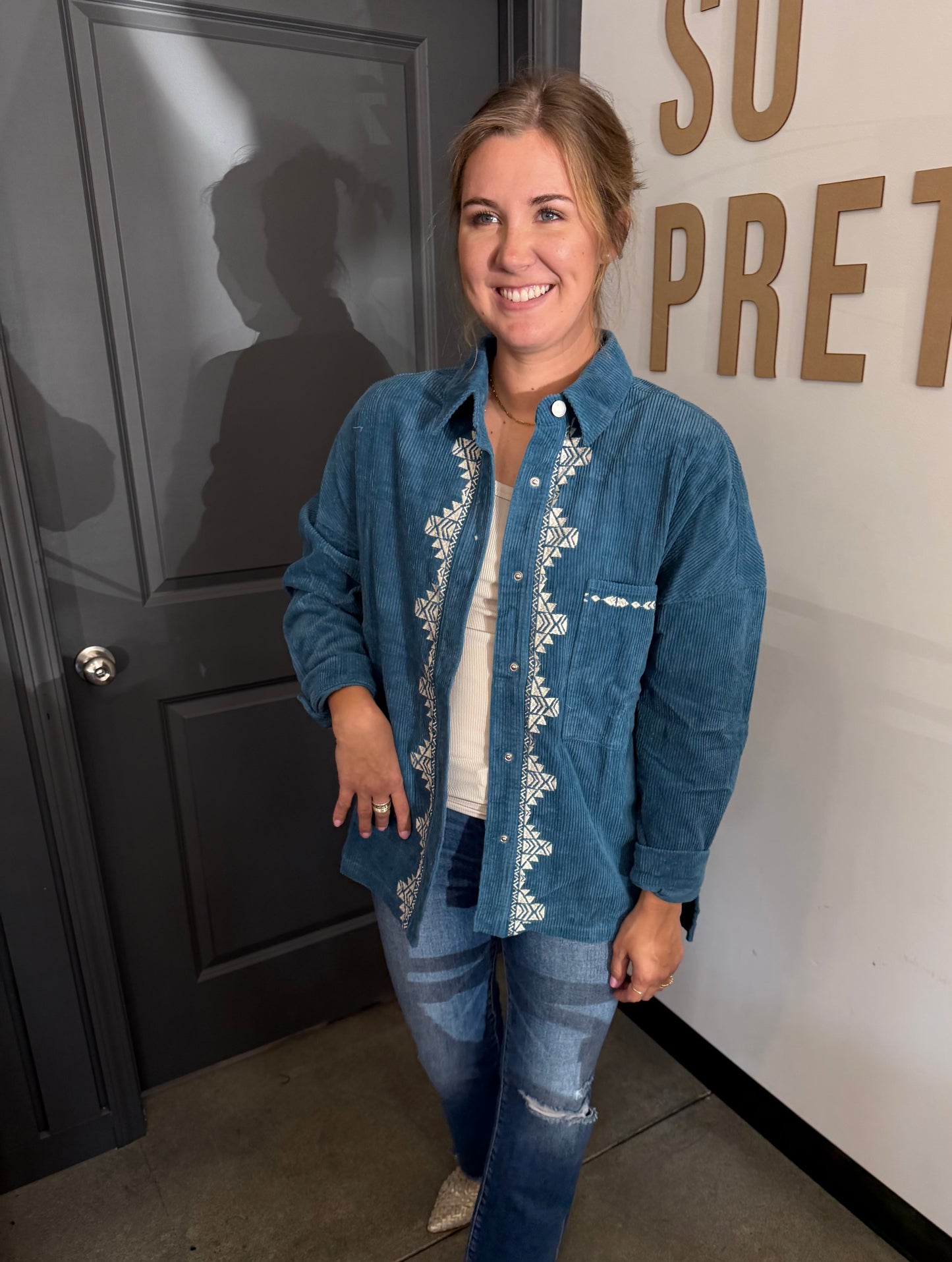 Blue Corduroy Embroidered Detail Jacket